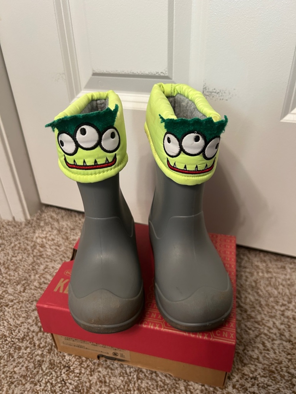 Stride Rite Kids Gray Rain Boots with Neon Green Monster Cuffs